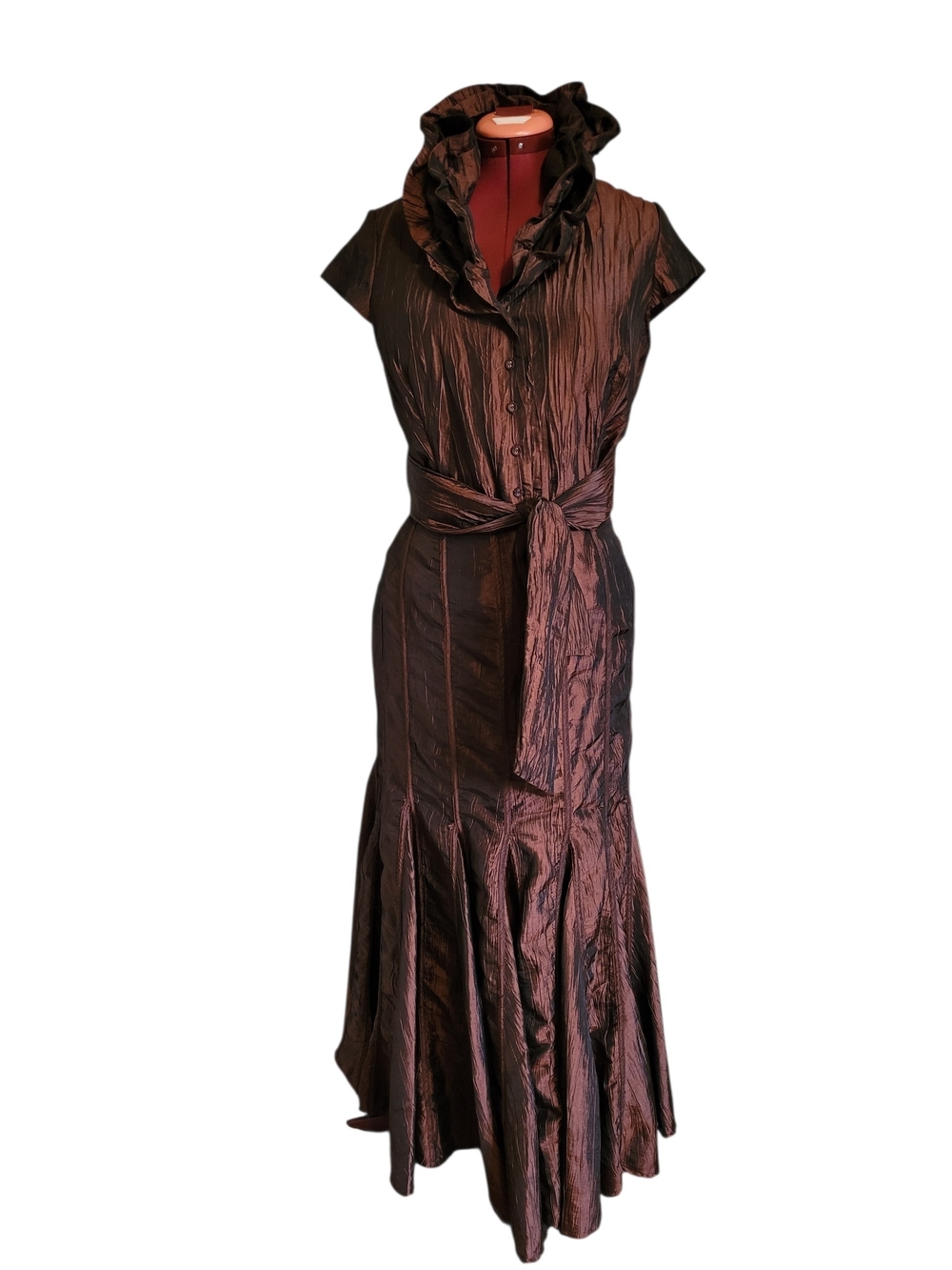 Y2K Vintage GILANI Bronze Taffeta 2-Pc Gown Set Size 12 Ruffle Portrait Collar